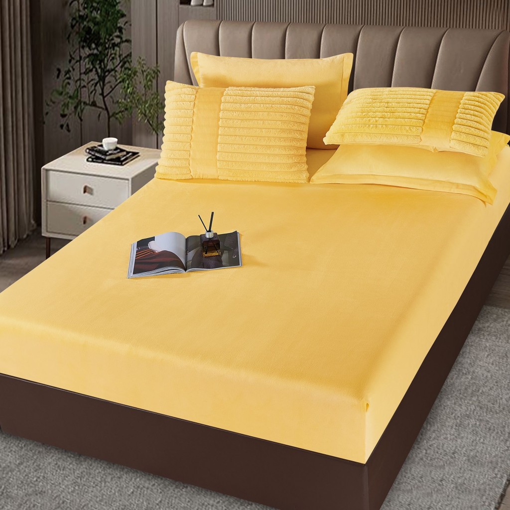 Set Pilotă & Lenjerie de pat, cocolino tip blăniță iepure , 2 persoane, 6 piese, cu elastic, galben , PIL6006