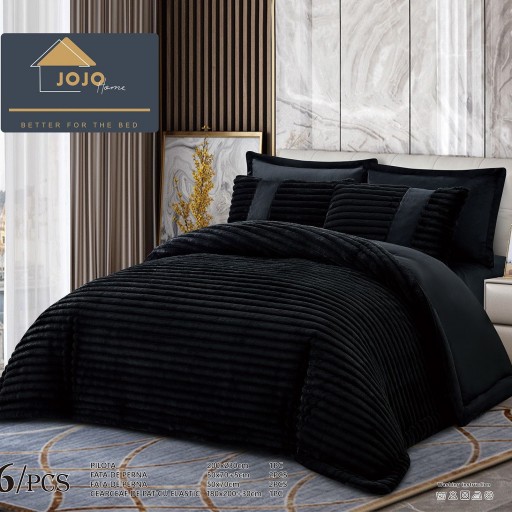 Set Pilotă & Lenjerie de pat, cocolino tip blăniță iepure , 2 persoane, 6 piese, cu elastic, negru , PIL6010