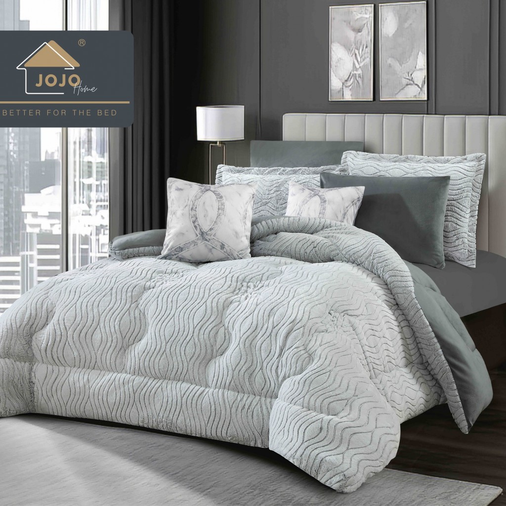 Set Pilotă & Lenjerie de pat, cocolino, cu două fețe, 2 persoane, 6 piese, cu elastic, alb gri deschis, PIL6104