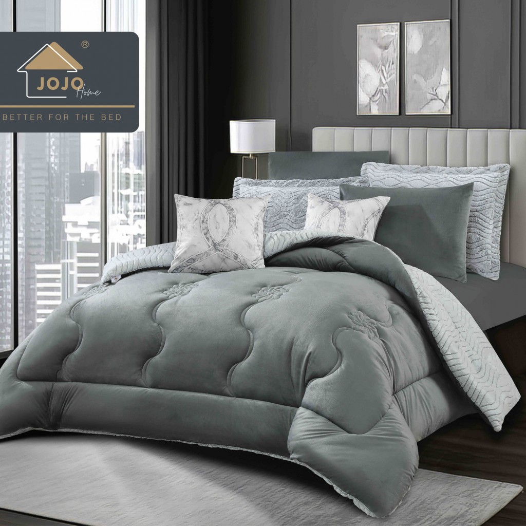 Set Pilotă & Lenjerie de pat, cocolino, cu două fețe, 2 persoane, 6 piese, cu elastic, alb gri deschis, PIL6104