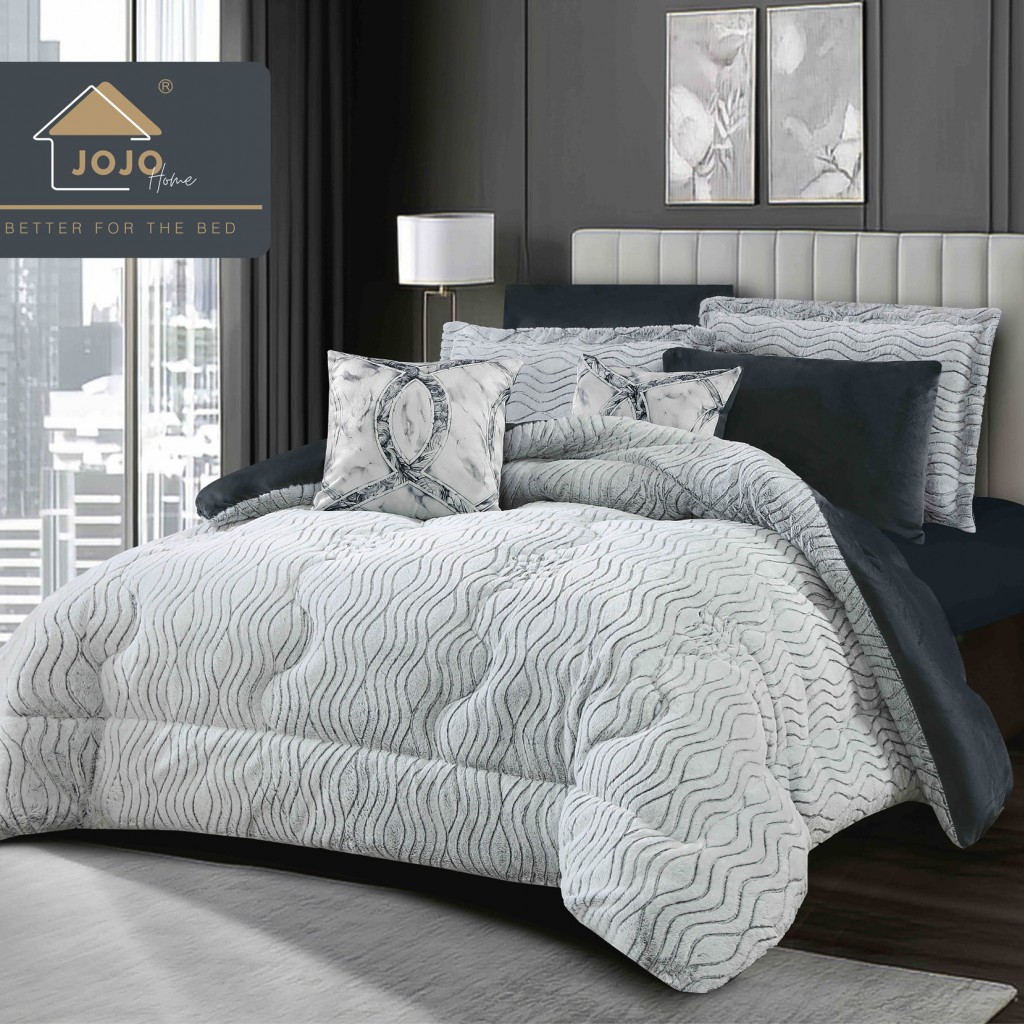 Set Pilotă & Lenjerie de pat, cocolino, cu două fețe, 2 persoane, 6 piese, cu elastic, alb gri închis, PIL6105