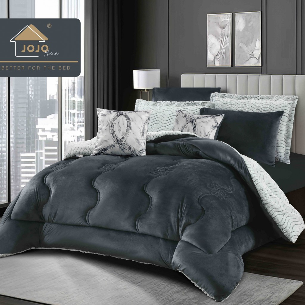 Set Pilotă & Lenjerie de pat, cocolino, cu două fețe, 2 persoane, 6 piese, cu elastic, alb gri închis, PIL6105