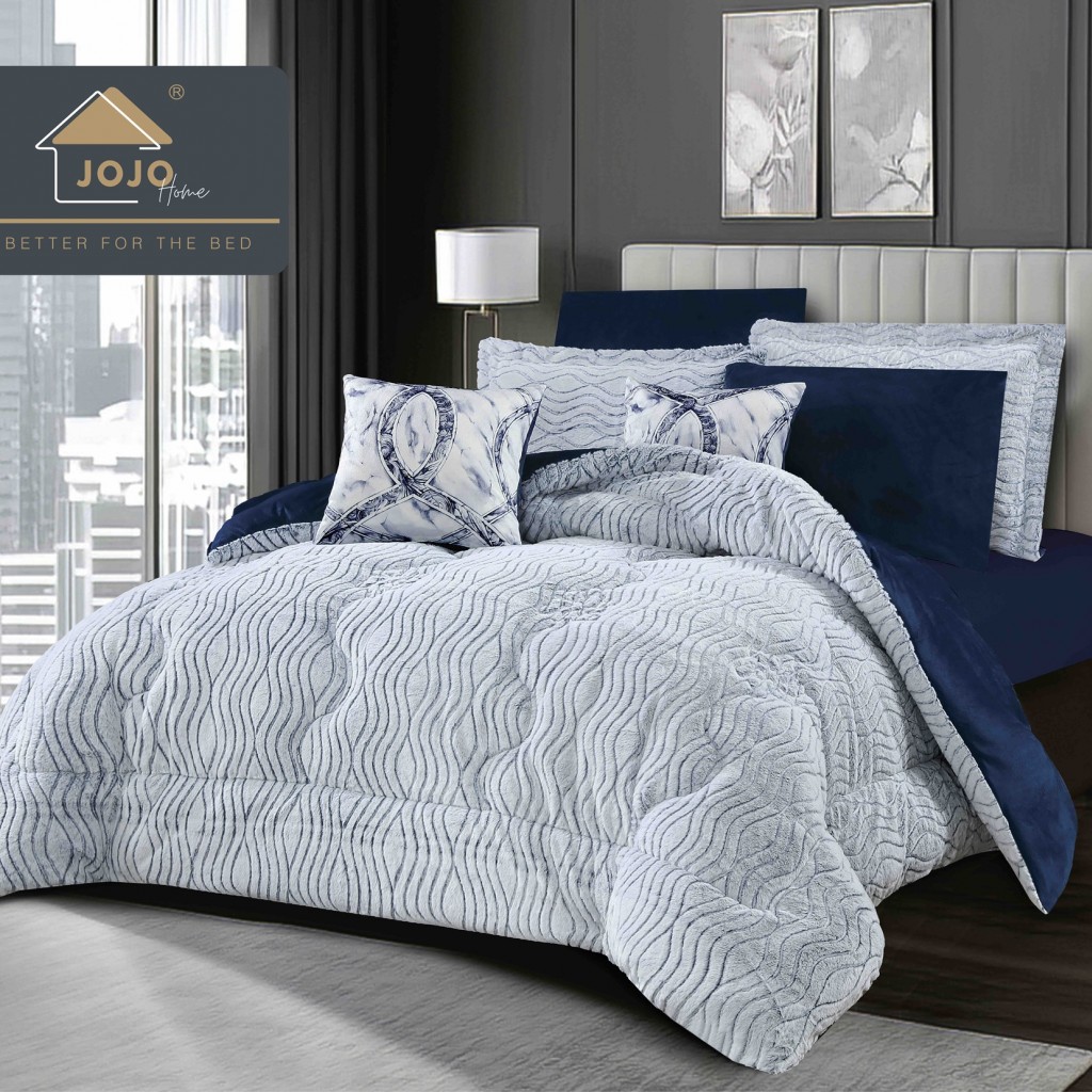 Set Pilotă & Lenjerie de pat, cocolino, cu două fețe, 2 persoane, 6 piese, cu elastic, alb albastru, PIL6107