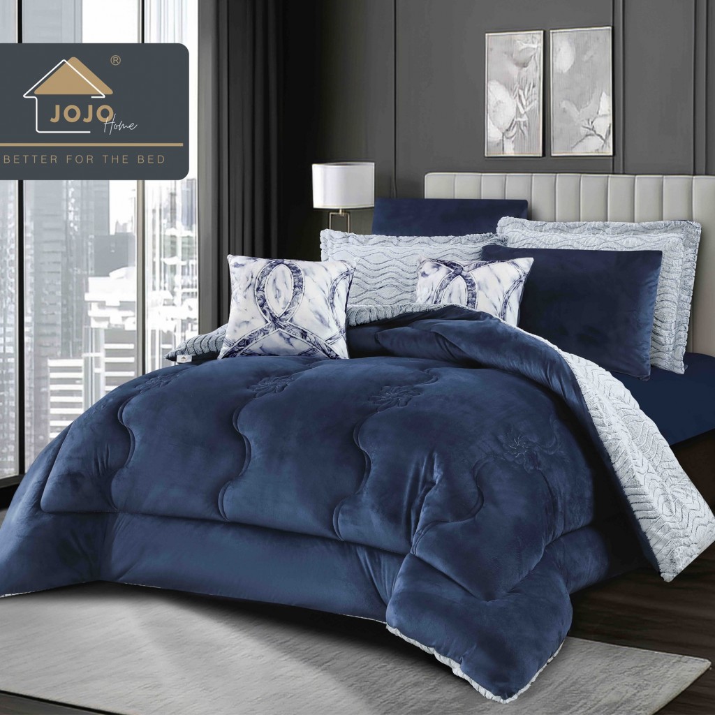 Set Pilotă & Lenjerie de pat, cocolino, cu două fețe, 2 persoane, 6 piese, cu elastic, alb albastru, PIL6107