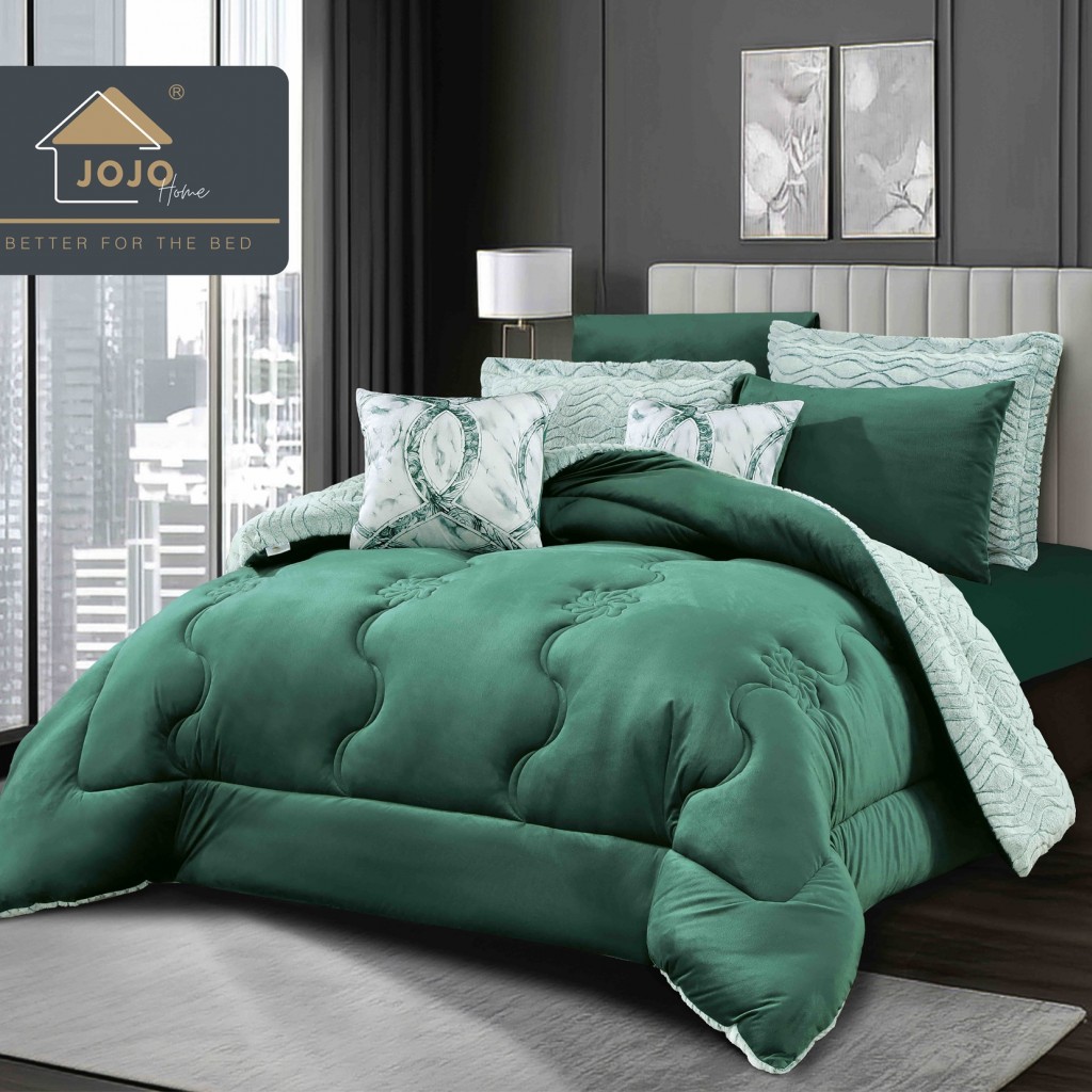 Set Pilotă & Lenjerie de pat, cocolino, cu două fețe, 2 persoane, 6 piese, cu elastic, alb verde, PIL6108