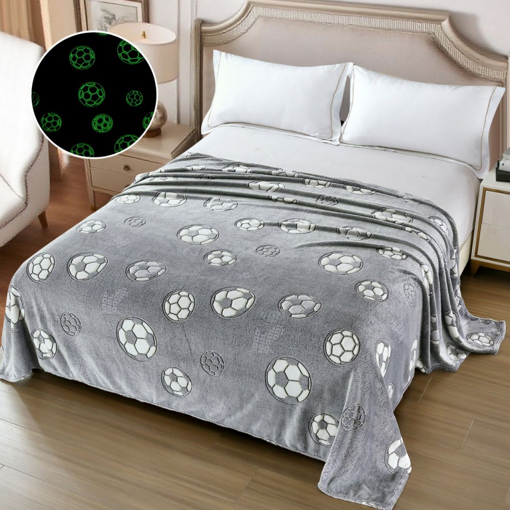 Pătură Cocolino Fosforescentă, 200x230cm, gri , imprimeu mingi fotbal, PCF106