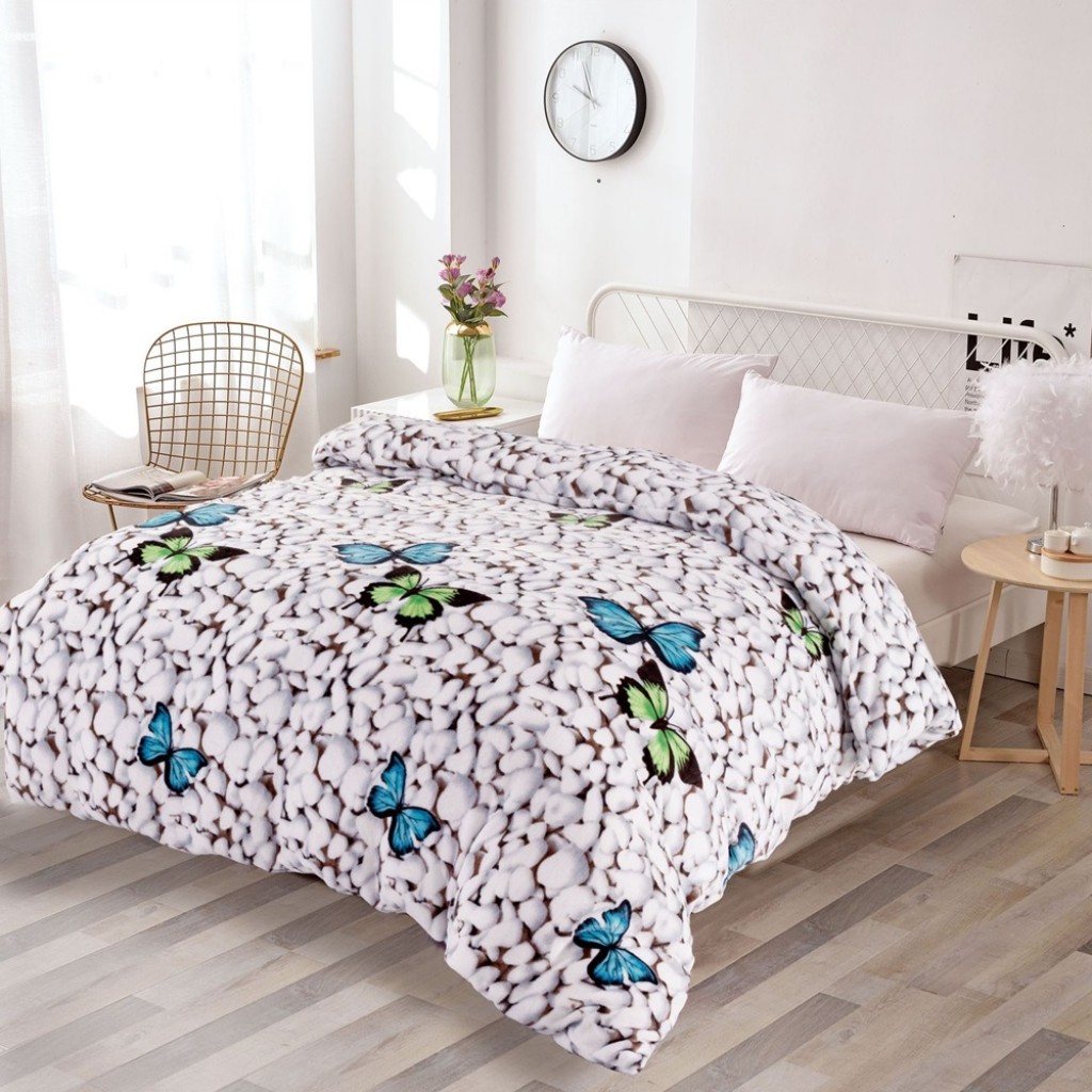 Pătură Cocolino 900gr, 200x230cm, gri și alb, cu fluturi și pietre, PCS118