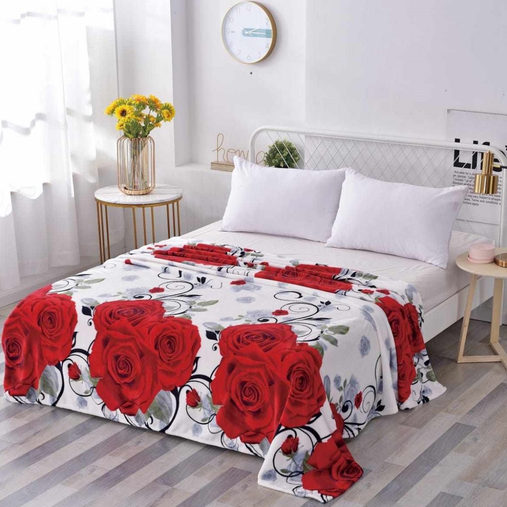 Pătură Cocolino 900gr, 200x230cm, alb , cu trandafiri roșii, PCS147