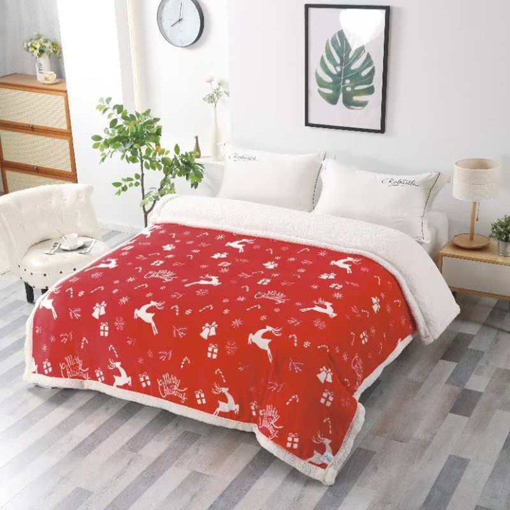 Pătură Cocolino, cu blăniță albă, 200x230cm, imprimeu motiv Crăciun, PCB1002