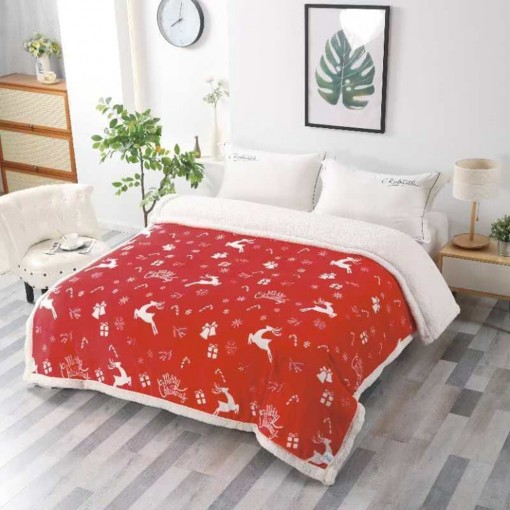 Pătură Cocolino, cu blăniță albă, 200x230cm, imprimeu motiv Crăciun, PCB1002