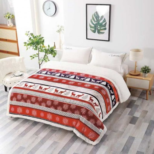 Pătură Cocolino, cu blăniță albă, 200x230cm, imprimeu motiv Crăciun, PCB1005