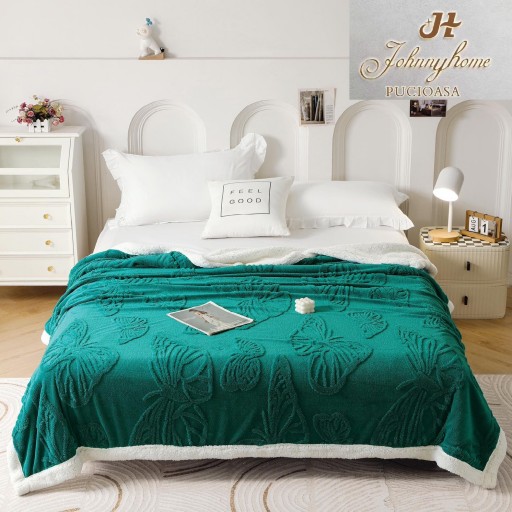 Pătură Cocolino, cu blăniță, imprimeu 3D fluturi, 200x230cm, uni , verde închis, PCB333