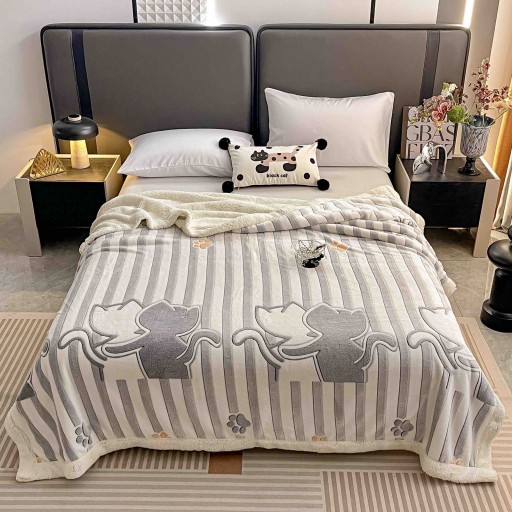 Pătură Cocolino, cu blăniță, 200x230cm, gri și alb, cu pisicuțe, PCB76