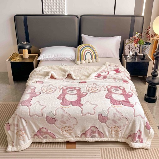 Pătură Cocolino, cu blăniță, 200x230cm, crem și roz, cu ursuleți, PCB79