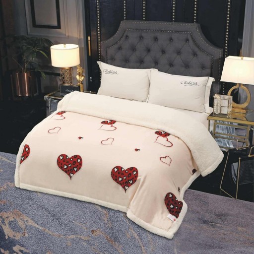 Pătură Cocolino, cu blăniță, 200x230cm, crem , cu inimi maro, PCB88