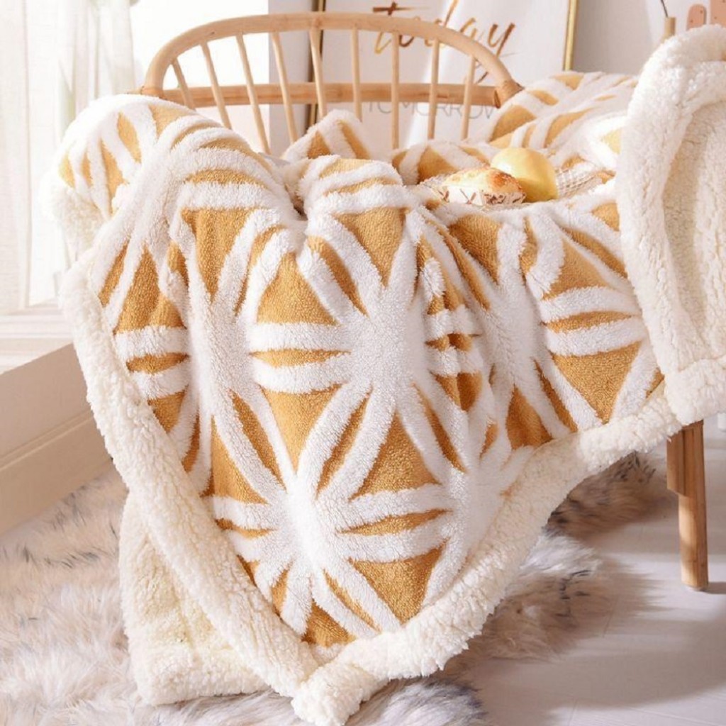 Pătură Cocolino Snowflake, tricotaj, cu blăniță, 200x230cm, galben si alb, PCT108