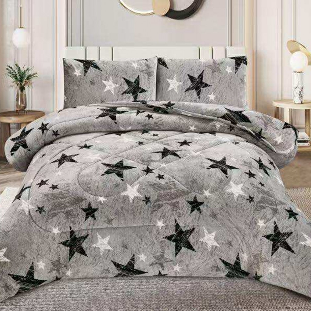 Pilotă Matlasată Cocolino, set 3 piese, 200x230cm, culoare gri, cu steluțe albe și negre, PILN102