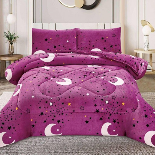 Pilotă Matlasată Cocolino, set 3 piese, 200x230cm, culoare mov, cu lună și stele, PILN104