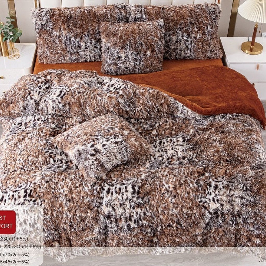 Lenjerie de pat Cocolino Super Pufoasă, 2 persoane, 6 piese, culori crem și maro, animal print, PF102