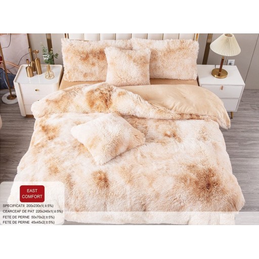 Lenjerie de pat Cocolino Super Pufoasă, 2 persoane, 6 piese, culori maro și crem, PF104