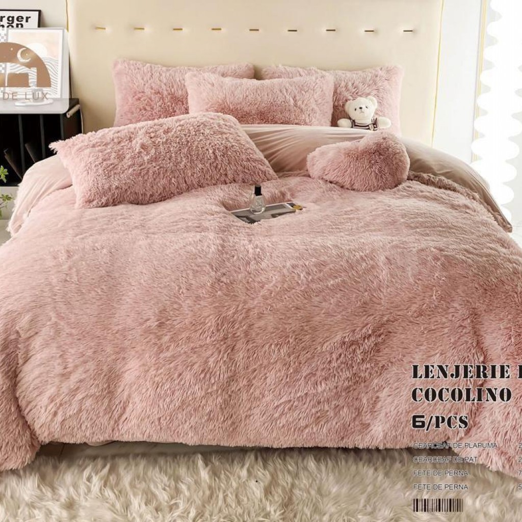 Lenjerie de pat, Cocolino Fluffy, super pufoasă, 2 persoane, 6 piese, culoare roz pudrat, PF31