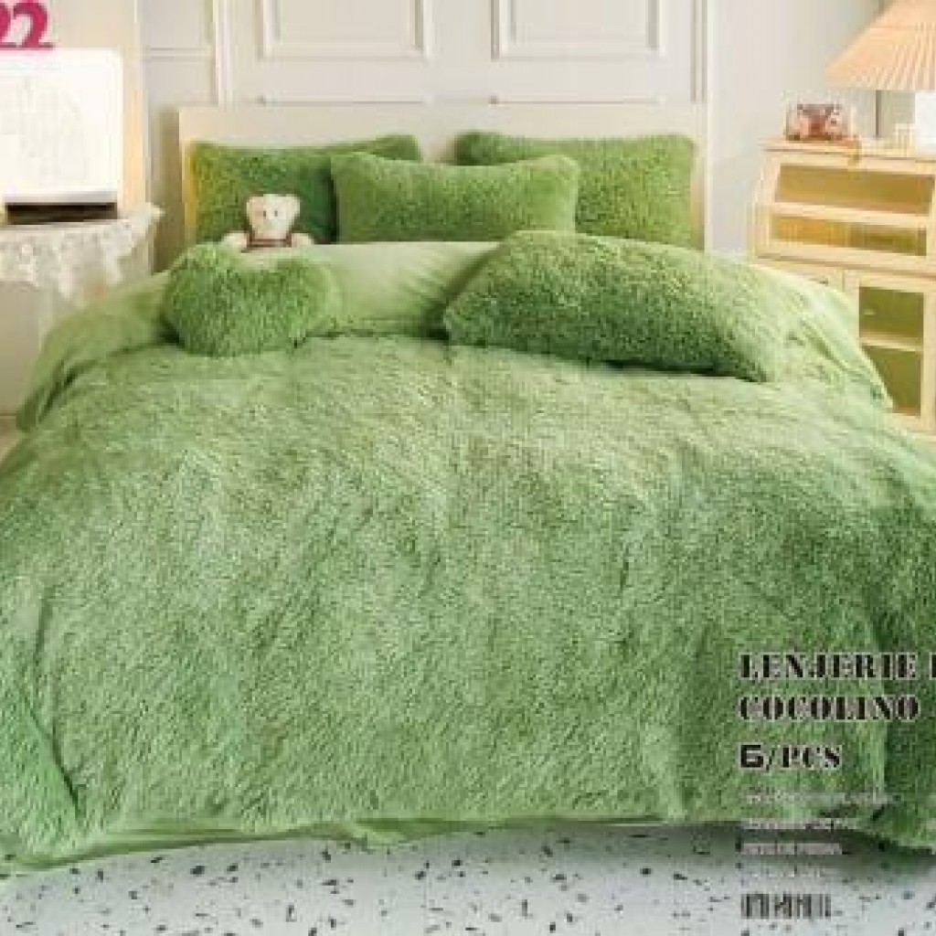 Lenjerie de pat, Cocolino Fluffy, super pufoasă, 2 persoane, 6 piese, culoare verde, PF32