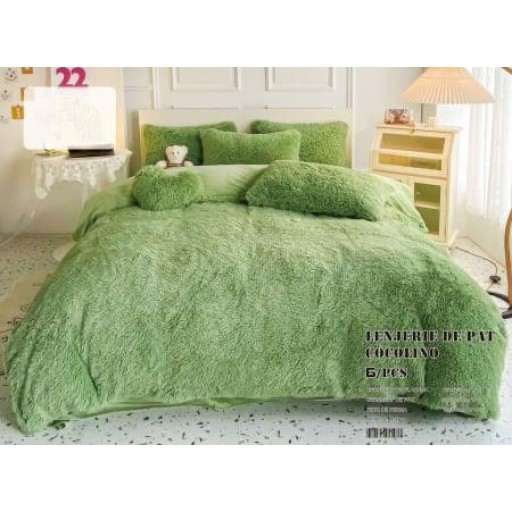 Lenjerie de pat, Cocolino Fluffy, super pufoasă, 2 persoane, 6 piese, culoare verde, PF32