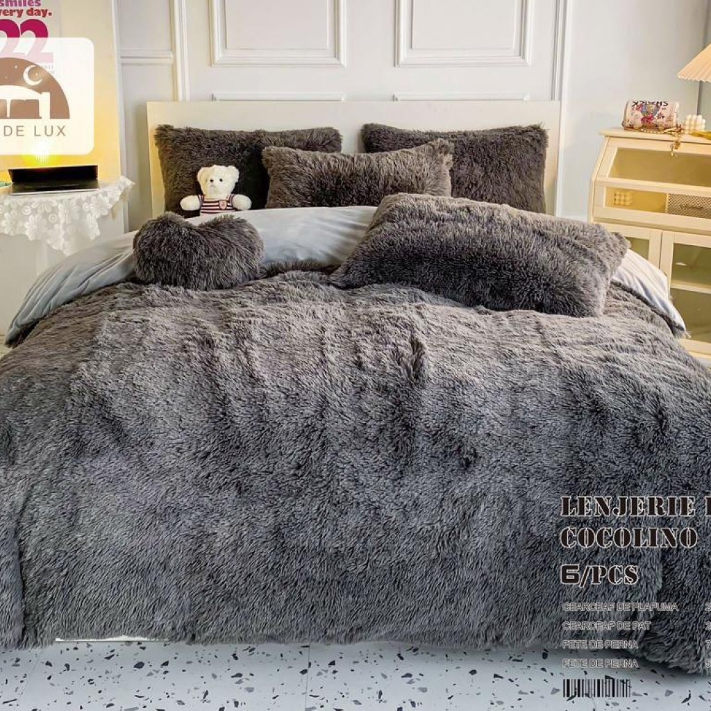 Lenjerie de pat, Cocolino Fluffy, super pufoasă, 2 persoane, 6 piese, culoare gri, PF33